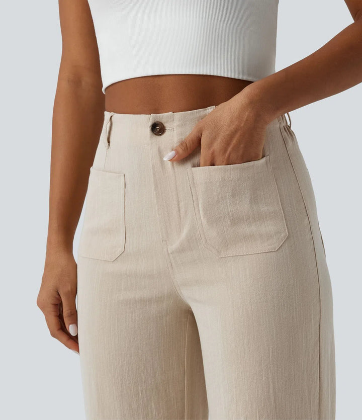 High Waisted Straight Leg Casual Linen-Feel Trousers with Pockets