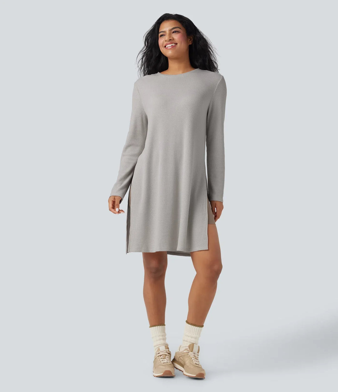 Round Neck Long Sleeve Longline Waffle Knit Casual Sweatshirt