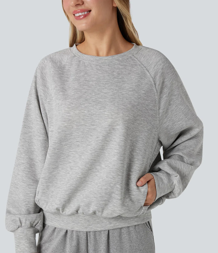 Round Neck Long Sleeve Cut Out Casual Sweatshirt with Pockets
