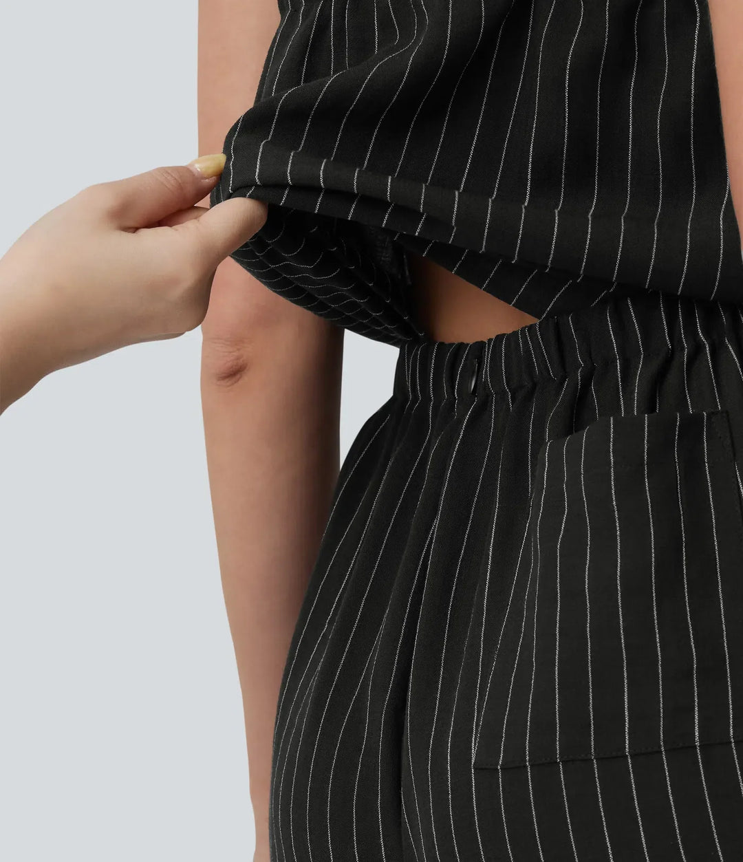 Square Neck Adjustable Straps Sleeveless Belted Stripes Casual Linen-Feel Jumpsuit with Pockets-Easy Peezy
