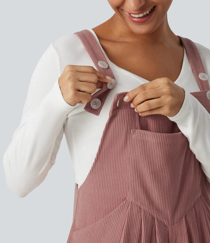 Sleeveless Pleated Corduroy Casual Overalls with Pockets
