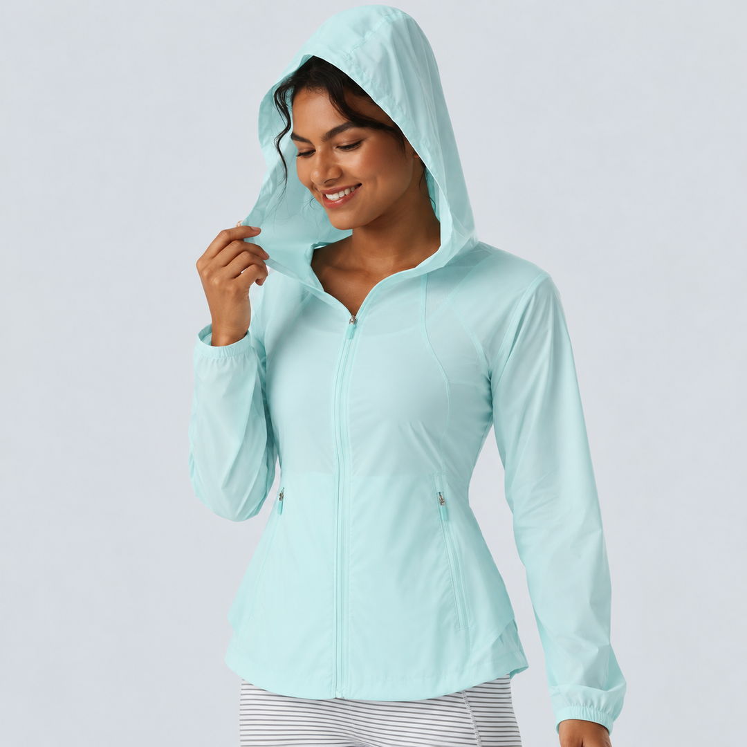 Hooded Drawstring Contrast Mesh Workout Jacket with Pockets