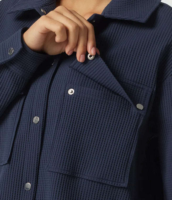 Lapel Dropped Long Sleeve Waffle Casual Jacket with Pockets