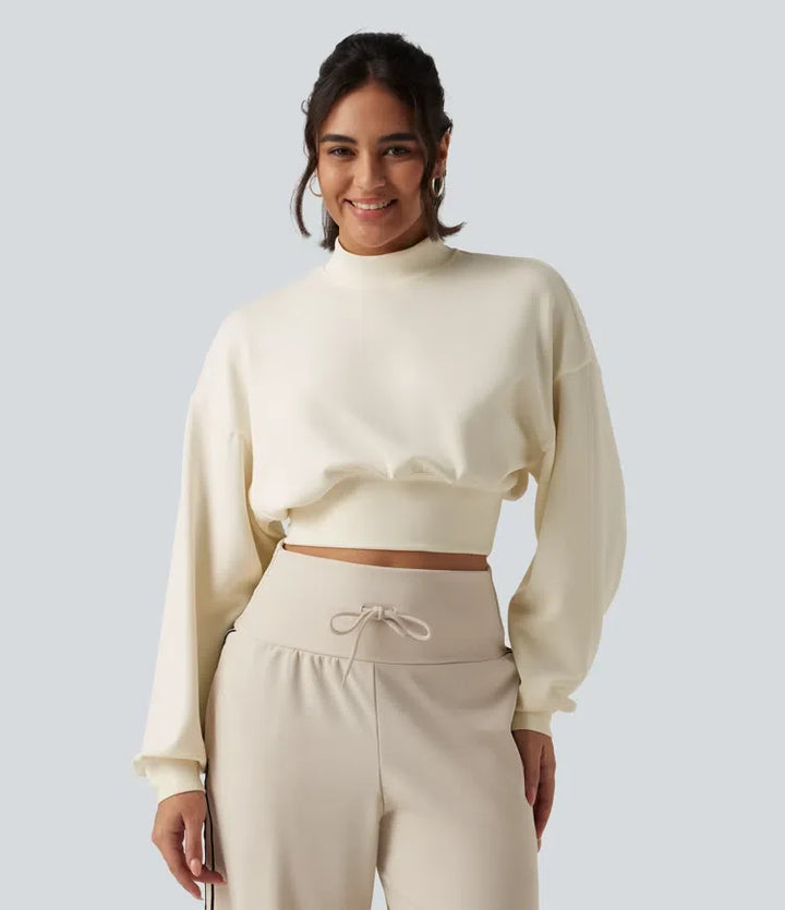 Mock Neck Dropped Long Sleeve Casual Cropped Sweatshirt