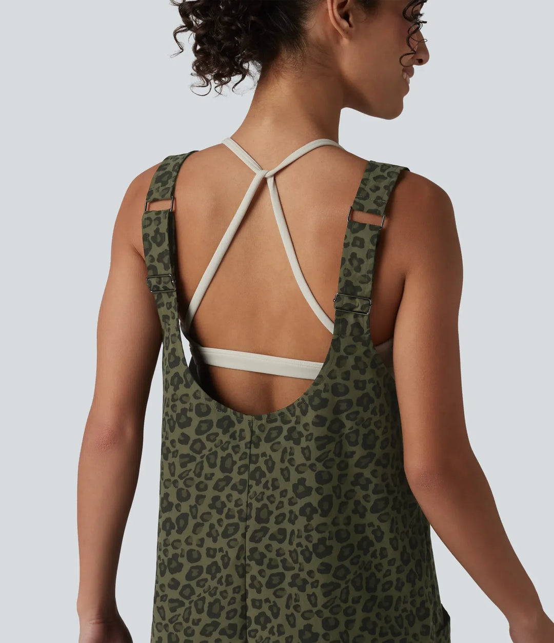 Adjustable Straps Rolled Hem Leopard Print Casual Short Overall with Pockets