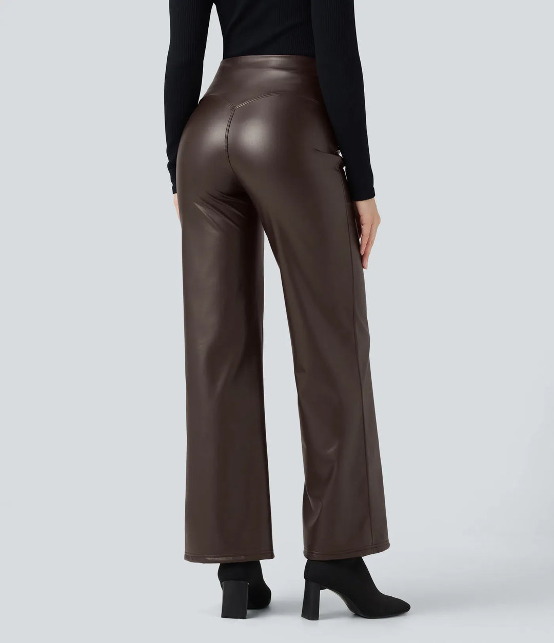 High Waisted Tummy Control Stretchy PU Fleece Casual Flare Trousers with Pockets