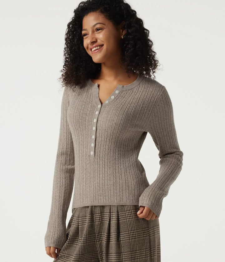 Henley Neck Cable Stitch Long Sleeve Work Jumper