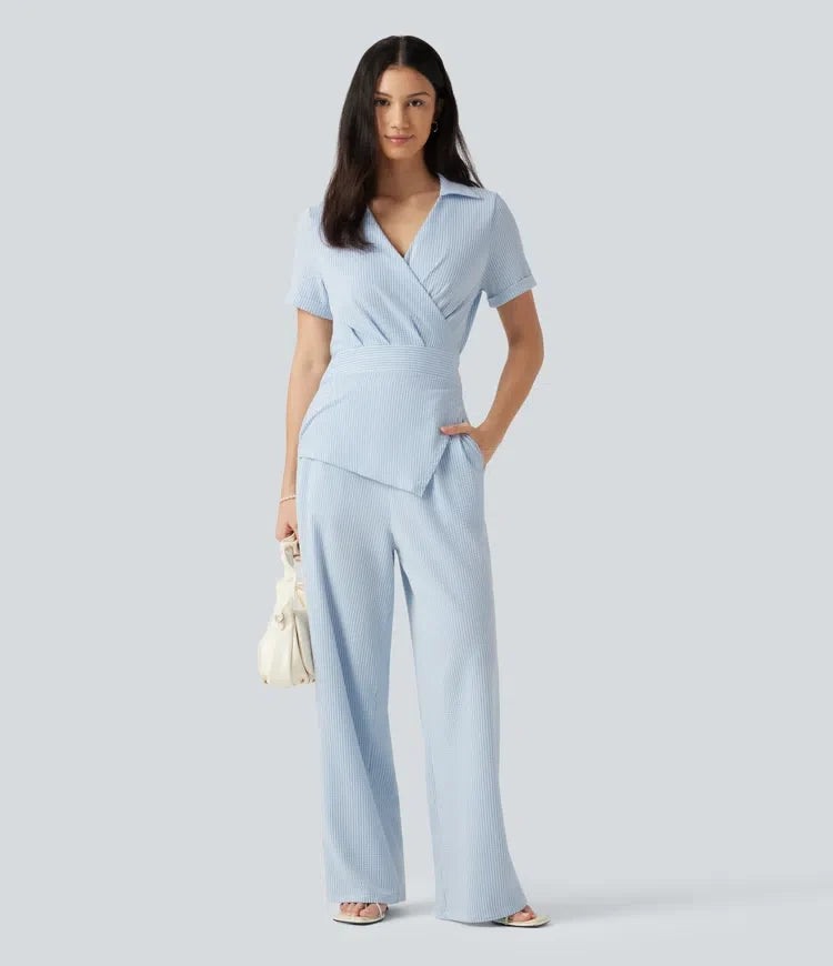 Short Sleeve Wrapped Tie Back Stripe Crinkle Cotton Casual Shirt Jumpsuit with Pockets-Easy Peezy Edition