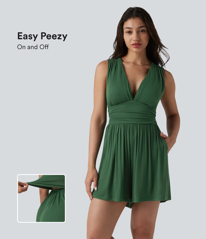 Ribbed V-neck Sleeveless Ruched Built-in Bra Casual Playsuit with Pockets-Easy Peezy