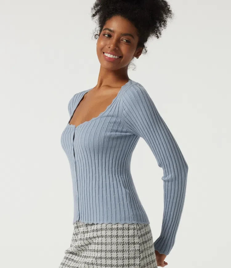 Ribbed Knit Square Neck Long Sleeve Casual Jumper