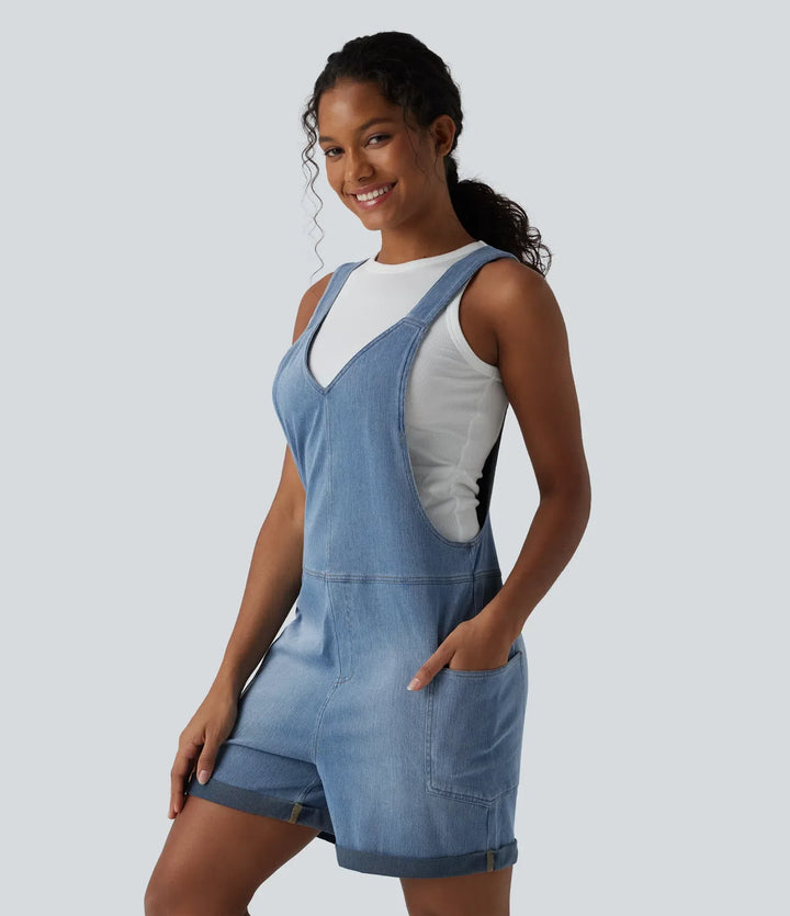 Halara Flex V Neck Rolled Hem Washed Denim Casual Short Overalls with Pockets