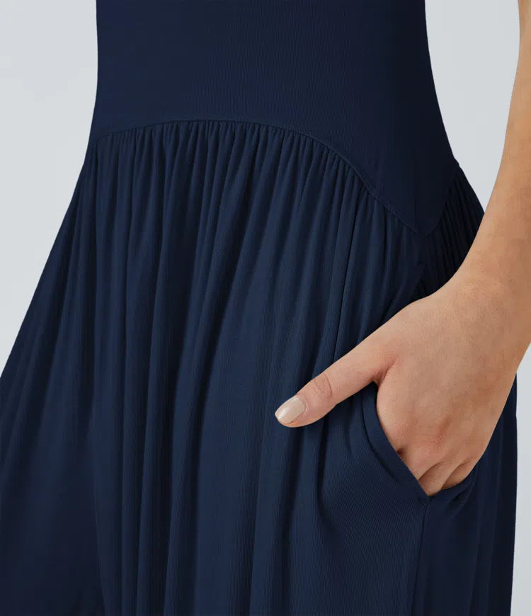 Ribbed Tube Backless Side Pocket Casual Jumpsuit