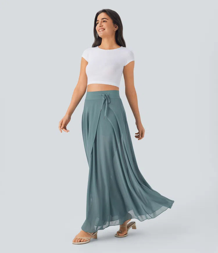 High Waisted Drawstring Contrast Mesh 2-in-1 Pocket Flowy Maxi Flare Casual Skirt