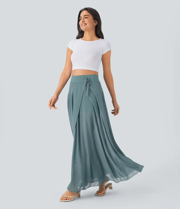 High Waisted Drawstring Contrast Mesh 2-in-1 Pocket Flowy Maxi Flare Casual Skirt