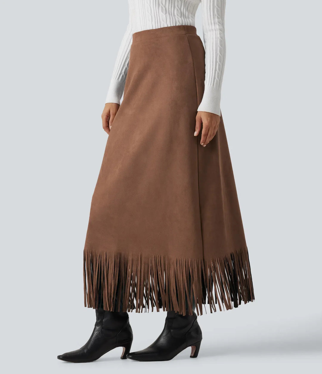 High Waisted Fringe Hem A-Line Suede Causal Midi Skirt
