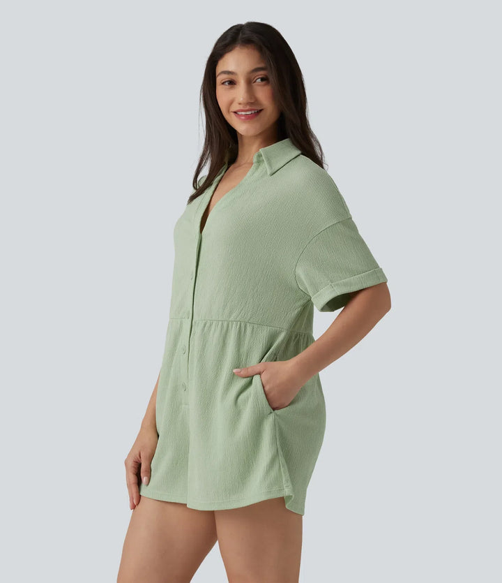 Dropped Shoulder Short Sleeve Romper with Pockets