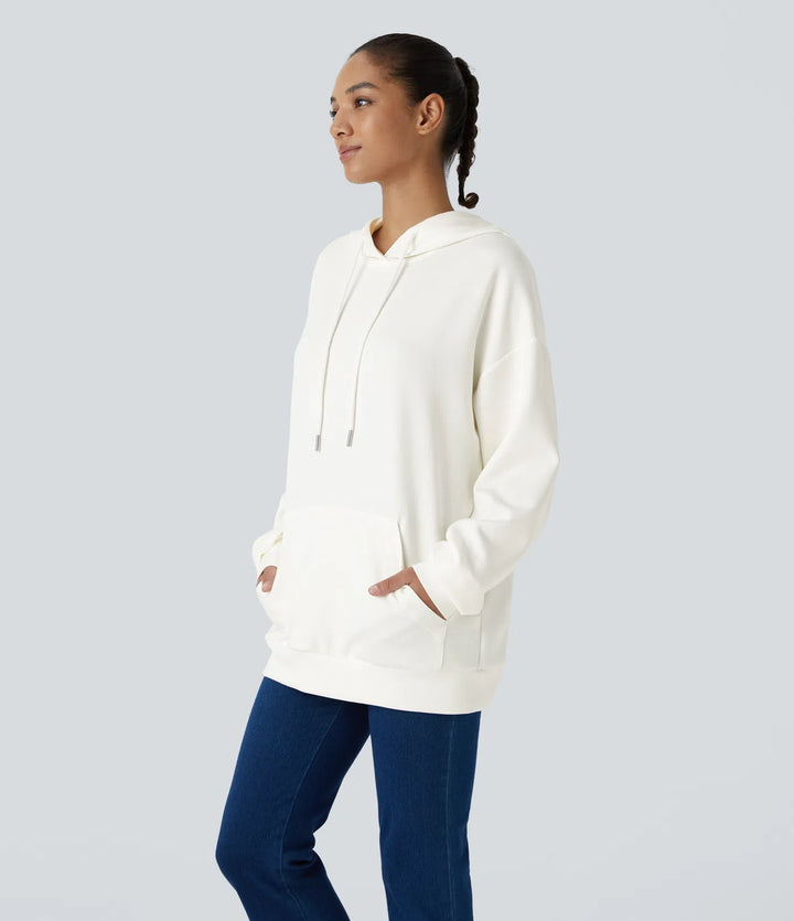 Hooded Drawstring Long Sleeve Kangaroo Pocket Crossover Split Casual Sweatshirt