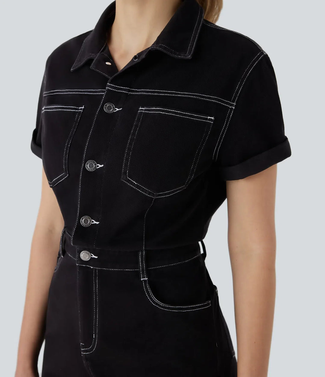 Halara Flex Short Sleeve Washed Denim Casual Utility Romper with Pockets