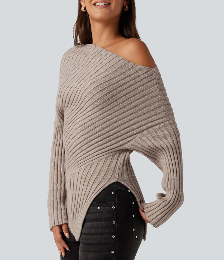 Ribbed Knit One Shoulder Long Sleeve Asymmetric Hem Casual Jumper