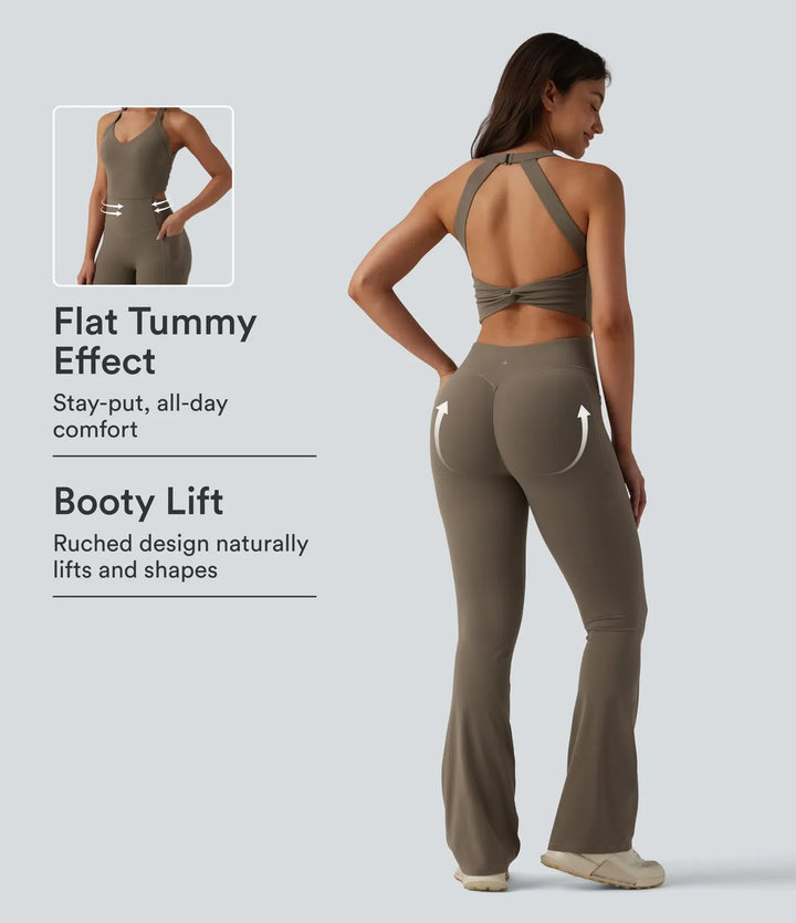 Halara UltraSculpt Twisted Backless Tummy Control Butt Lifting Bootcut Workout Jumpsuit with Pockets-Easy Peezy Edition