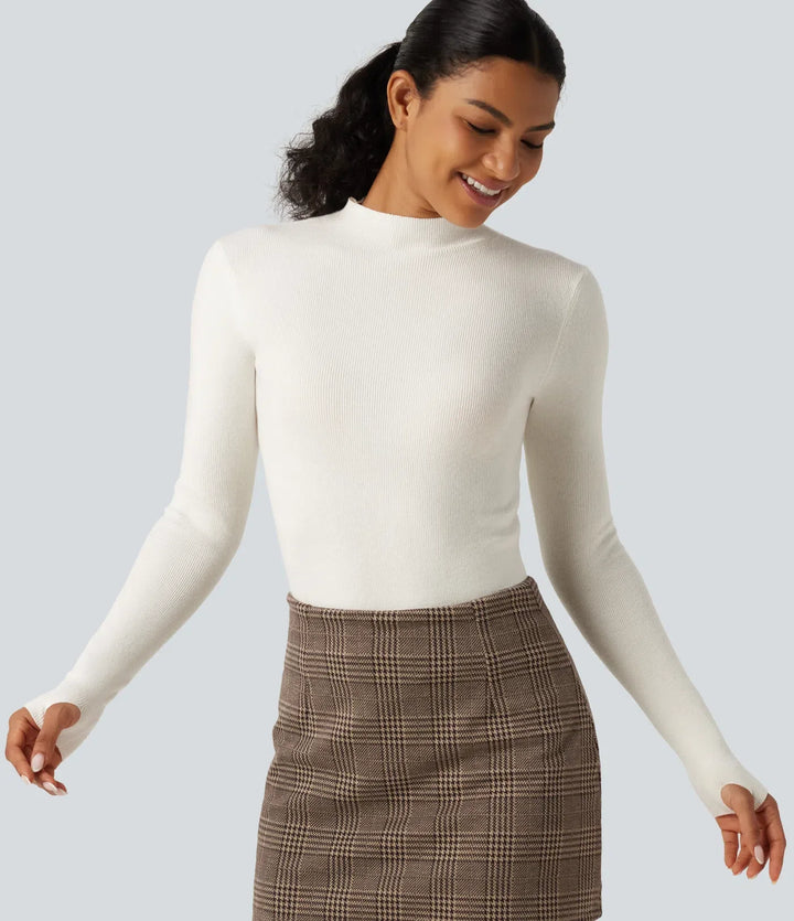 Mock Neck Long Sleeve Thumb Hole Work Wool-Blend Jumper