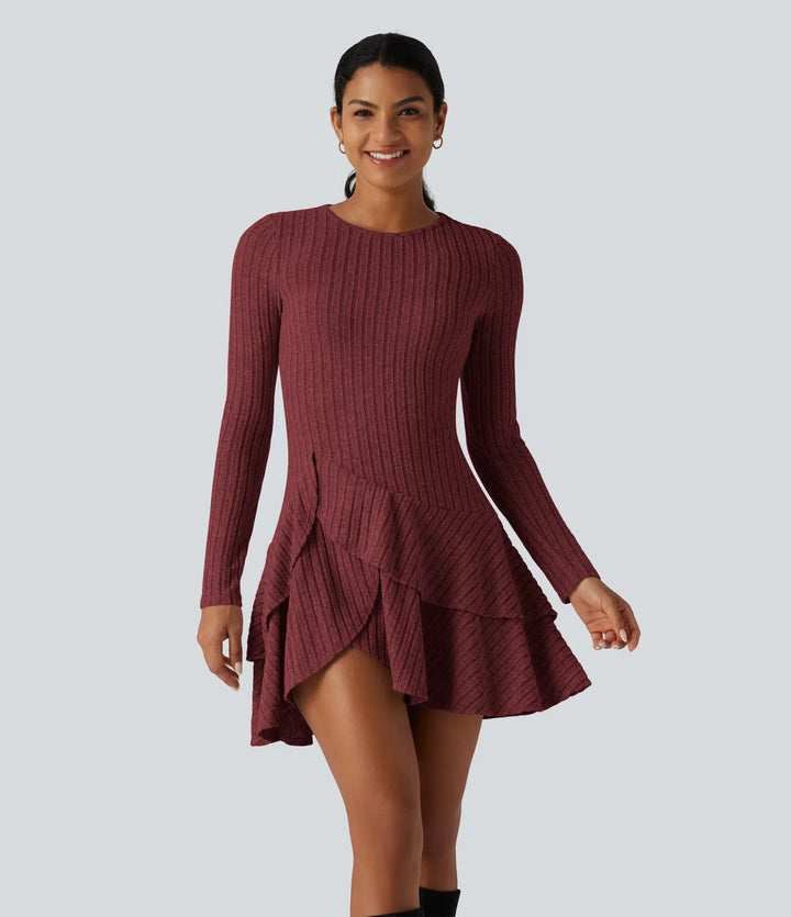 Ribbed Knit Round Neck Long Sleeve Layered Ruffle Hem Mini Casual Dress