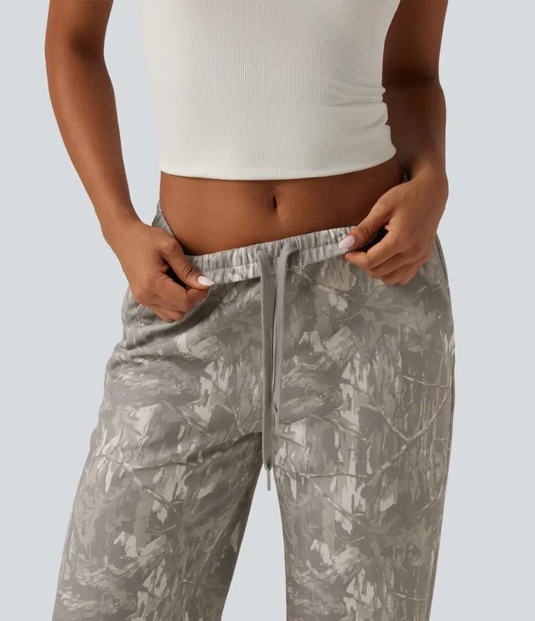 Mid Rise Straight Leg Patterned Inner Drawstring Fleece Casual SweatTrousers with Pockets