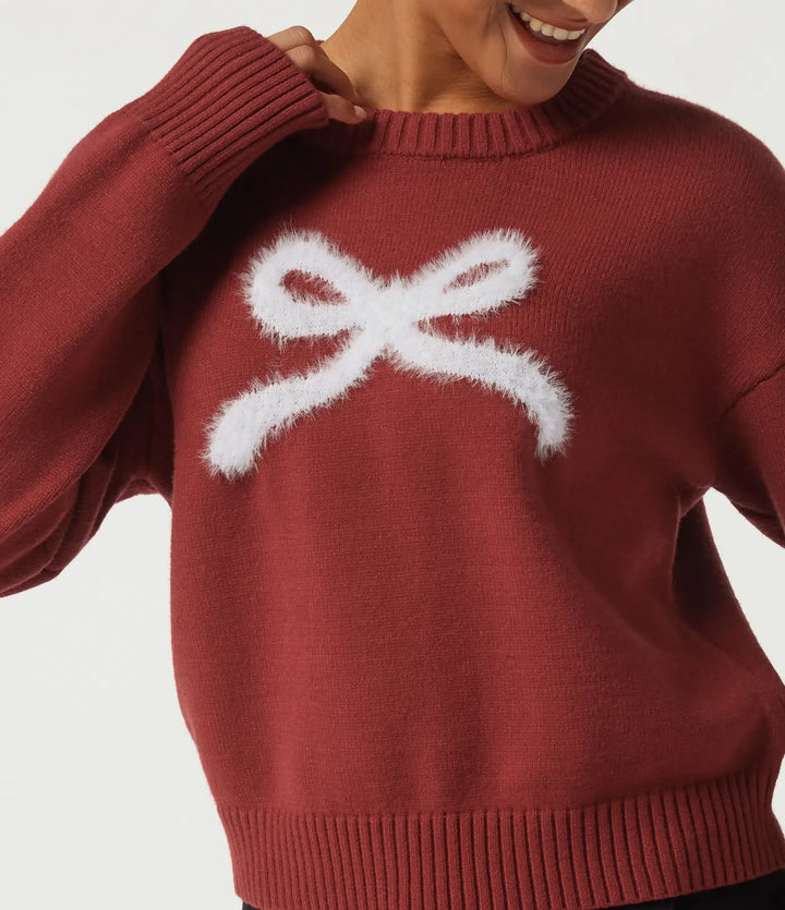 Round Neck Drop Shoulder Long Sleeve Bow Casual Jumper