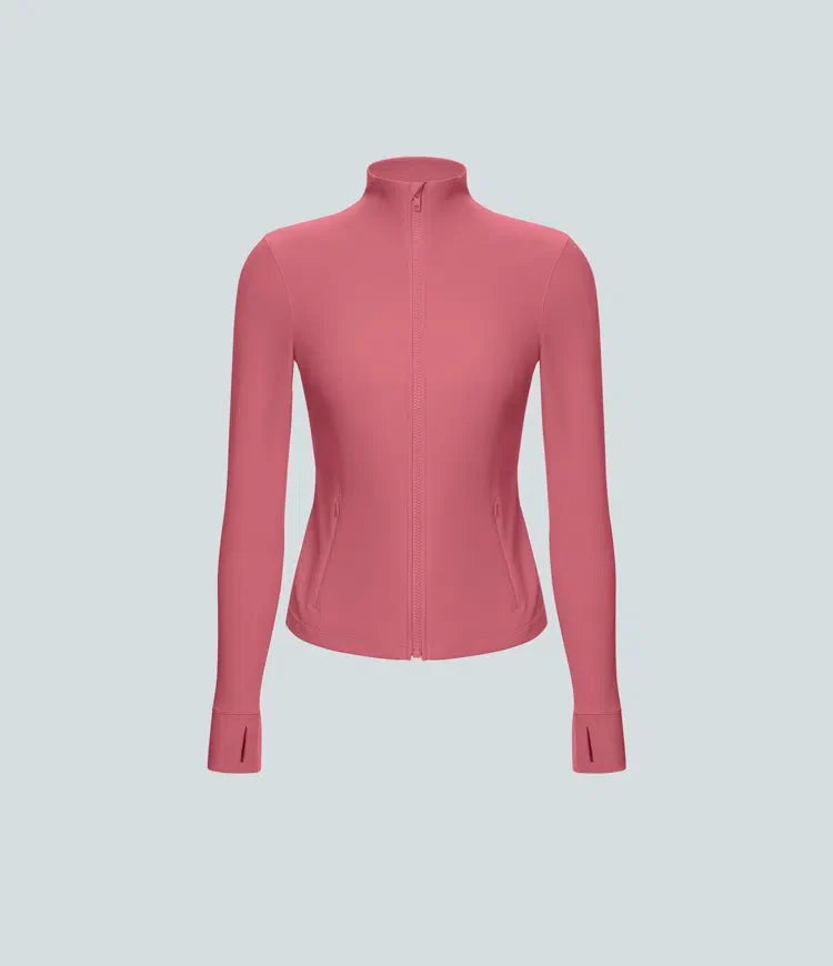 Patitoff Flow Pet Hair Resistant Stand Collar Zipper Pocket Thumb Hole Cropped Casual Jacket