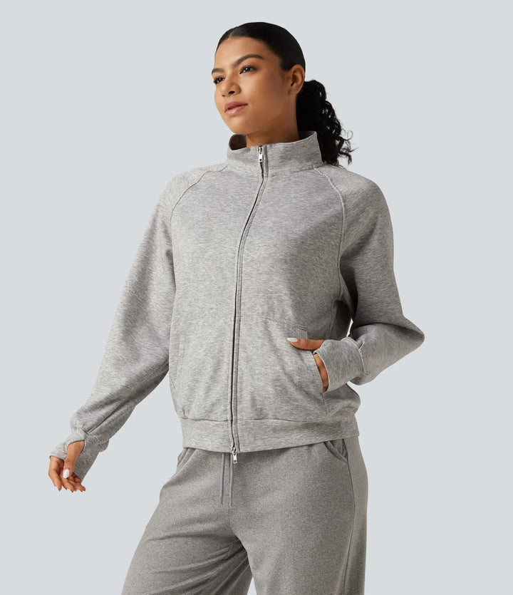 High Neck 2-Way Zipper Long Sleeve Thumb Hole Casual Jacket with Pockets