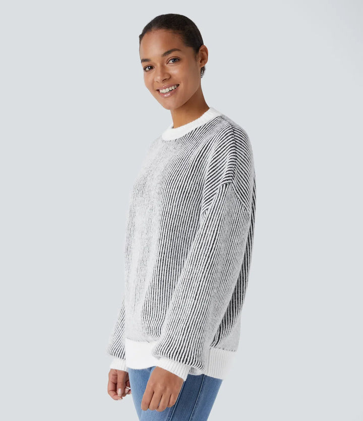 Round Neck Long Sleeve Color Block Stripe Casual Jumper