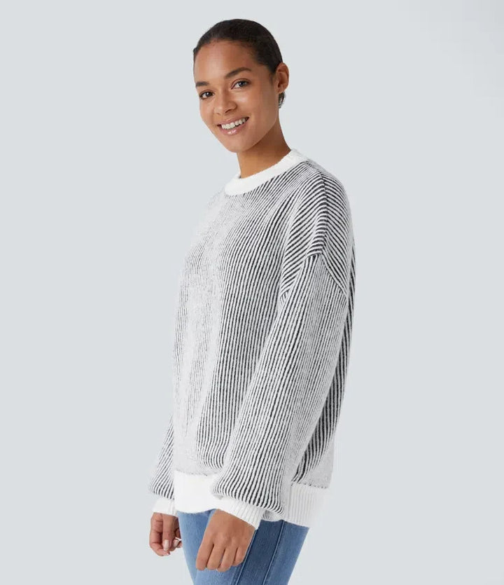 Round Neck Long Sleeve Color Block Stripe Casual Jumper