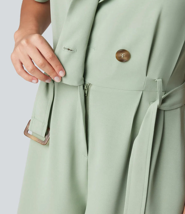 Shawl Collar Short Sleeve Belted Work Romper with Pockets