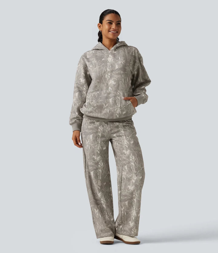 Mid Rise Straight Leg Patterned Inner Drawstring Fleece Casual SweatTrousers with Pockets