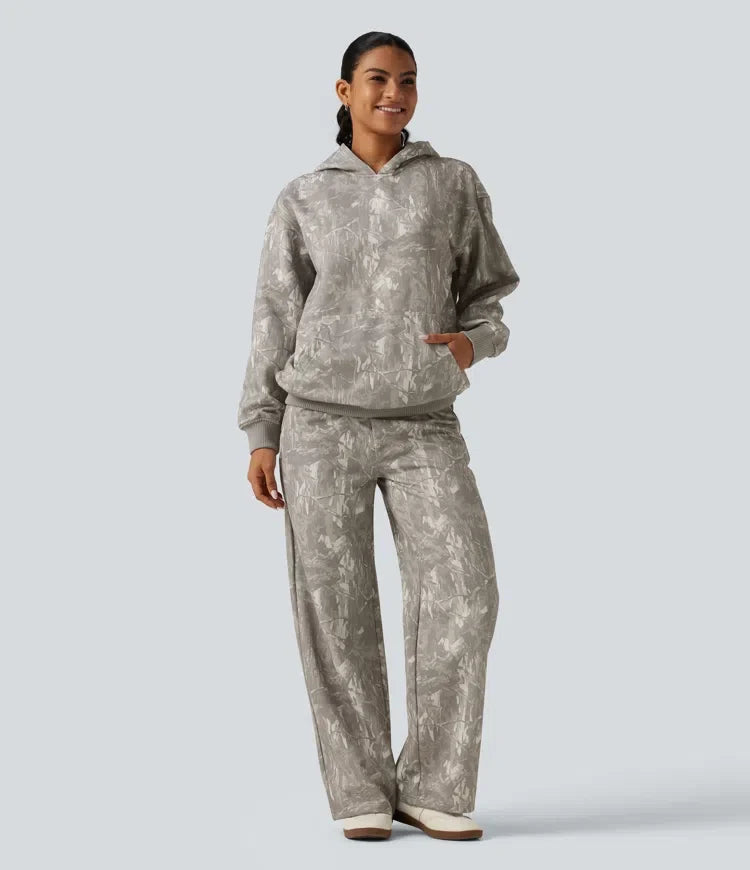 Mid Rise Straight Leg Patterned Inner Drawstring Fleece Casual SweatTrousers with Pockets