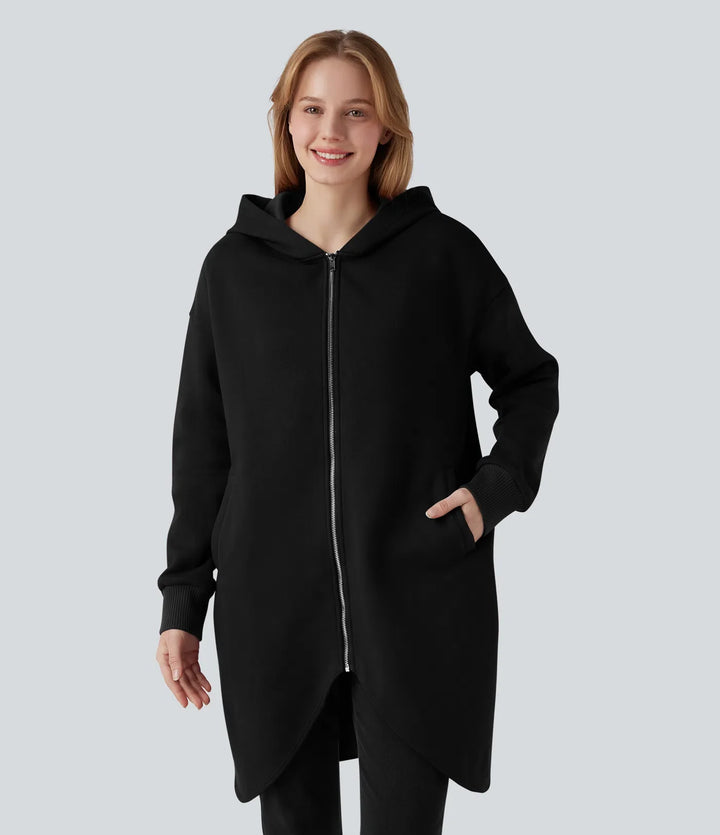 Hooded Zipper Long Sleeve Curved Hem Longline Casual Cotton Sweatshirt with Pockets