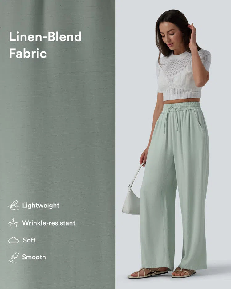 High Waisted Drawstring Wide Leg Casual Linen-Blend Trousers with Pockets