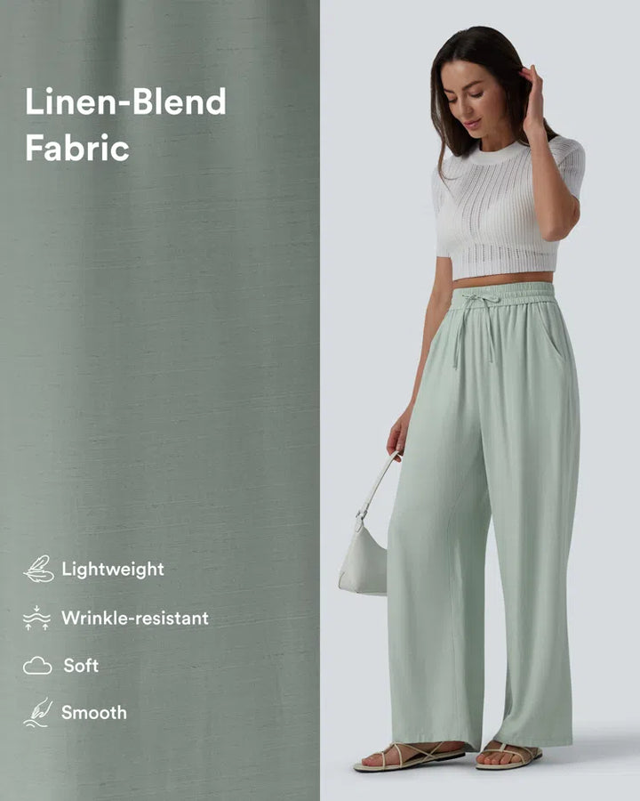 High Waisted Drawstring Wide Leg Casual Linen-Blend Trousers with Pockets