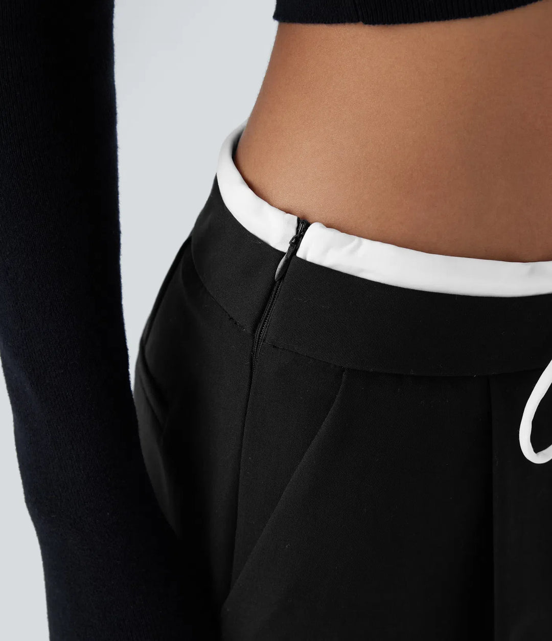 Double-Layer Color Block Low Rise Drawstring Pocket Wide Leg Casual Trousers