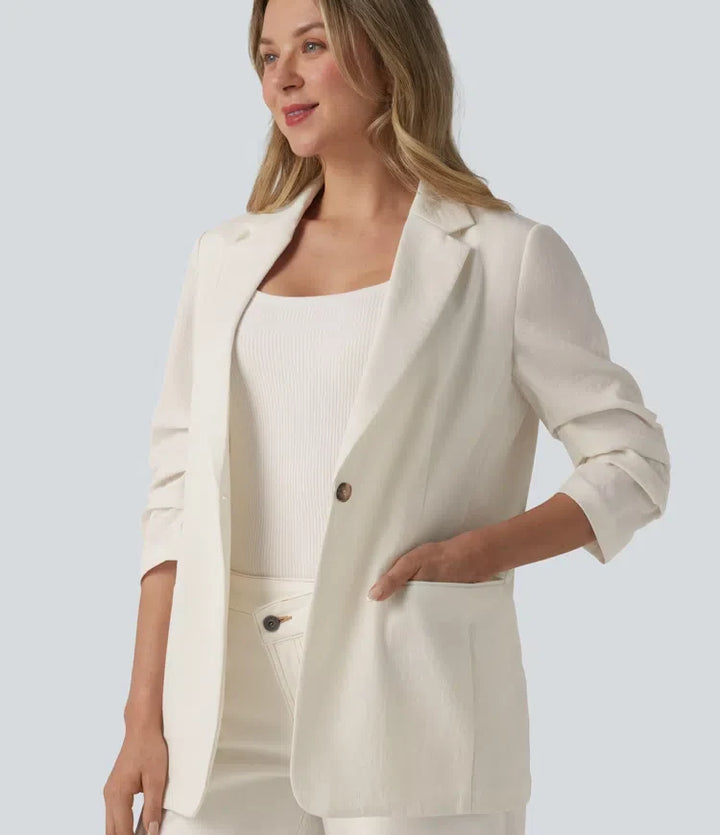 3/4 Sleeve Ruched Linen-Feel Work Blazer with Pockets