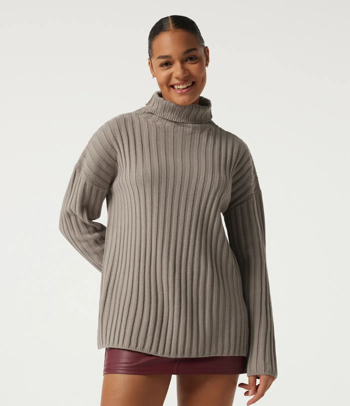 Ribbed Knit High Neck Dropped Long Sleeve Work Jumper
