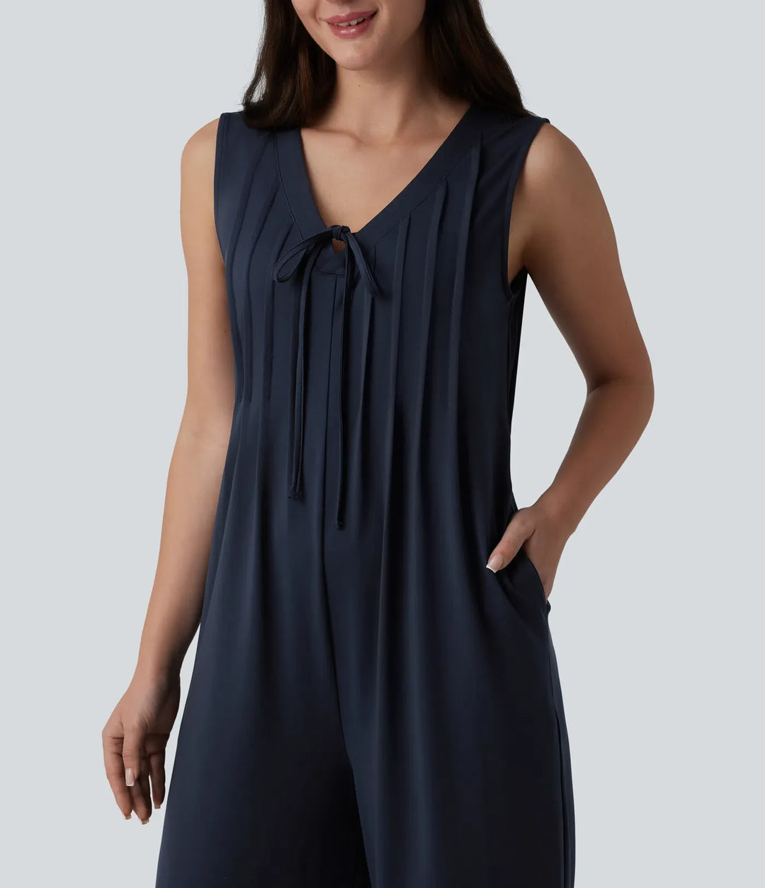 Deep V-neck Tie-front Pleated Sleeveless Invisible Zipper Casual Baggy Jumpsuit with Pockets