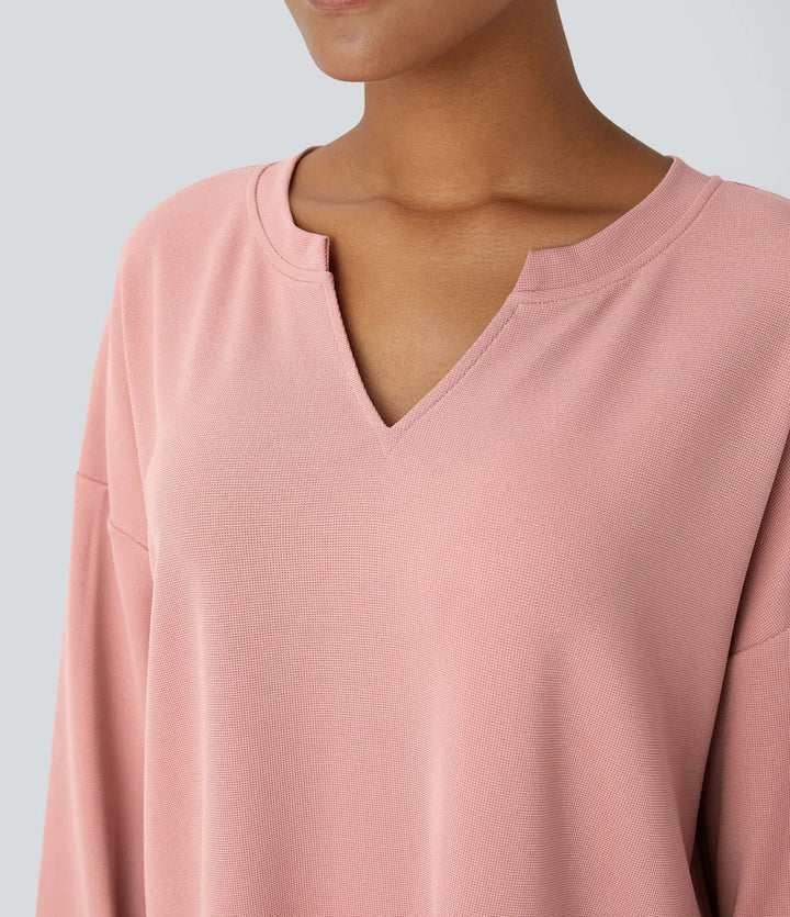 V Neck Dropped Shoulder Relaxed Waffle Casual Sweatshirt