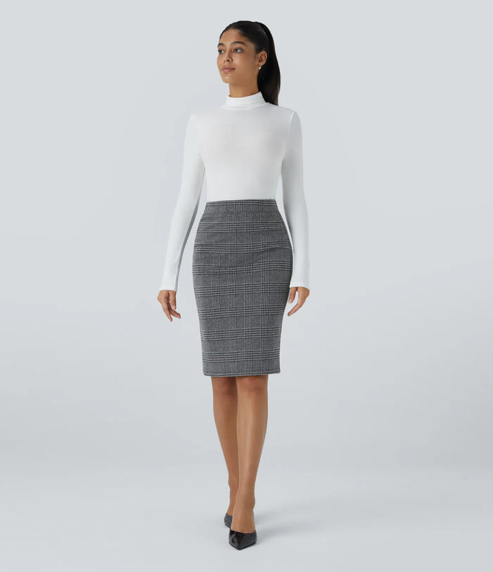 High Waisted Split Hem Houndstooth Plaid Work Pencil Skirt