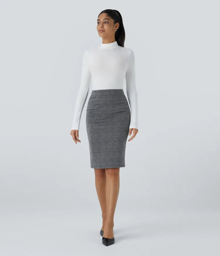 High Waisted Split Hem Houndstooth Plaid Work Pencil Skirt
