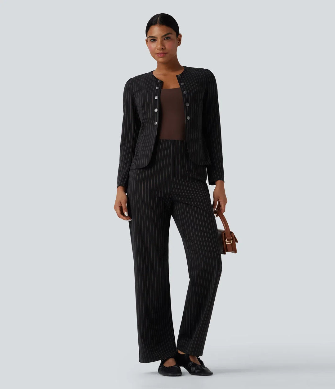 Round Neck Long Sleeve Open Front Work Blazer