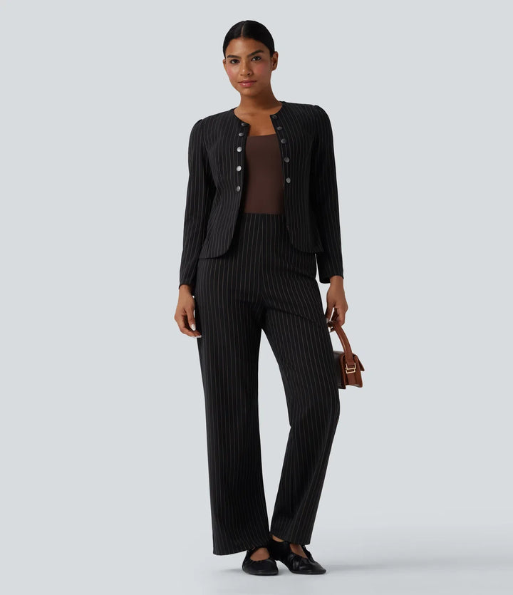 Round Neck Long Sleeve Open Front Work Blazer