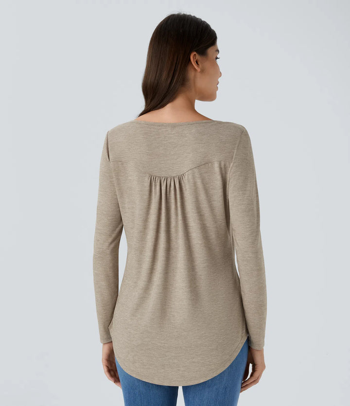 Round Neck Button Long Sleeve Curved Hem Casual Top
