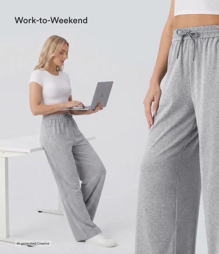 High Waisted Drawstring Pocket Wide Leg Baggy Casual Trousers