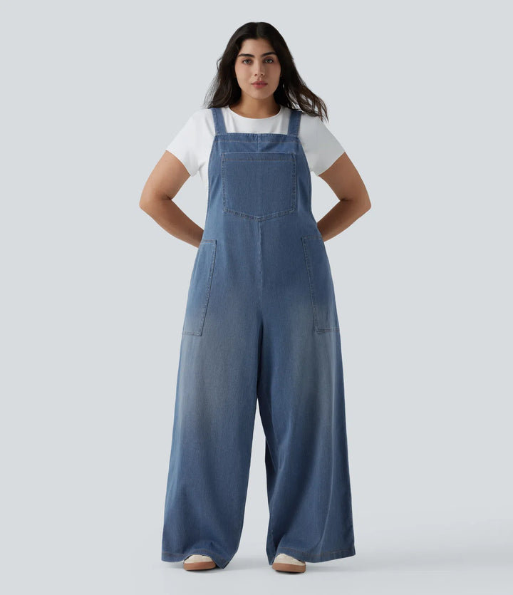 Plus Size Halara Flex Square Neck Washed Denim Casual Dungarees with Pockets